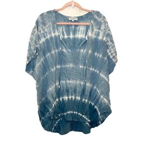 Michael Stars Blue Tie Dye V-Neck Oversized Tunic Top Resort Vacation Rayon L